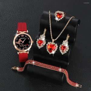 Montre-bracelets 6pcs Femmes Central Heart Watch Watch Quartz Montre du bracelet Femelle Collier Boucles d'oreilles Bracelet Rogue Bijoux Robe