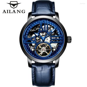 Mujeres de pulsera Ailang Tourbillon Mechanical Watch for Men Fashion Blue Leather Store Impermeable Skeleton Watches Mens