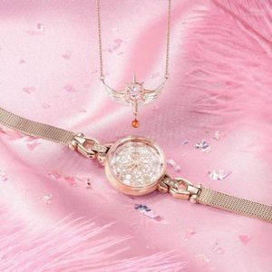 Montres-bracelets Anime Cardcaptor Sakura Montre-bracelet à quartz 925 Collier en argent Ensemble de bijoux pour femmes Montre-bracelet Cosplay Accessoires Filles Cadeau de NoëlWr