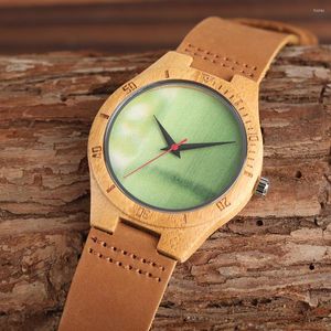 Relojes de pulsera Casual Natural para hombre Relojes de madera de bambú Minimalista Reloj de pulsera de cuarzo de cuero genuino Reloj creativo masculino con bolsa de regalos