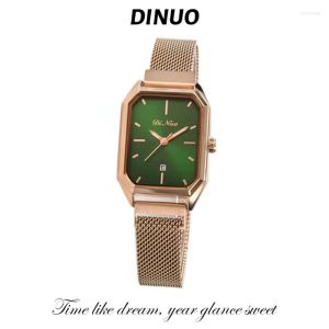 Relojes de pulsera Dinuo_ Ladies Hand Form Calendar Small Green Watch Ins Wind Light Luxury Retro Square Disc Variedad de correa de reloj