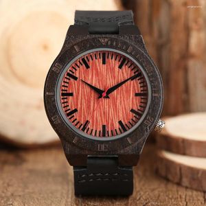 Relojes de pulsera Ebony Wood Red Serrated Ripple Patterned Quartz Reloj para hombre Escala de 12 horas Reloj de pulsera para hombre de cuero genuino con estilo natural