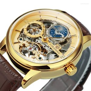 Relojes de pulsera Forsining Top Brand Classic Men Skeleton Watch Automatic Tourbillon Relojes Mens Luxury Leather Band Moon Phase Mechanical