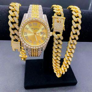 Montres-bracelets Full Iced Out Montres Hommes Cubain Lien Chaîne Bracelet Collier Couple Bling Bijoux Pour Hommes Grandes Chaînes En Or Hip Hop Montre Ensemble