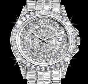 Montre-bracelets entièrement Baguette Diamond Watch for Men Iced Out Quartz Mens Watches Hip Hop Male Horloge imperméable Silver Reloj Hombre D4479250