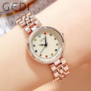 Relojes de pulsera GEDI, reloj de diamantes de Color Vintage para mujer, botón pulsador, cierre oculto, Retro, 30M, resistente al agua, reloj de pulsera de cuarzo para mujer, regalos