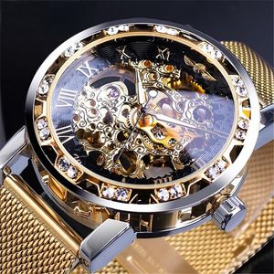 Relojes de pulsera Glory transparente moda diamante luminoso engranaje movimiento diseño real hombres superior mecánico esqueleto reloj de pulsera