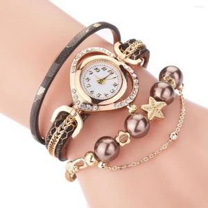 Relojes de pulsera de alta calidad para mujer, relojes con colgante de perlas, reloj de diamantes de imitación de cuarzo de cuero para mujer de lujo