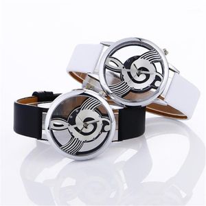 Montres-bracelets Lady Womans Montres-bracelets Simple Gravure décontractée Creux Élégant Note musicale Bracelet en cuir peint Watches1279a