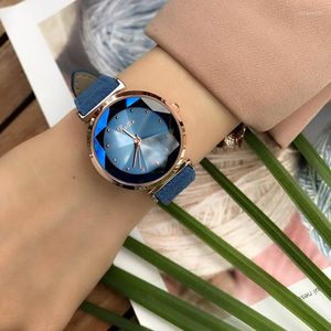 Relojes de pulsera de lujo con encanto para mujer, relojes de cristal de calidad, correa de cuero de gamuza, reloj de pulsera para mujer, esfera de corte de diamante, reloj femenino