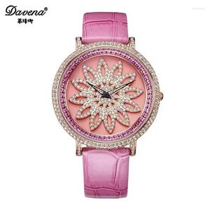 Relojes de pulsera de lujo Davena Roate Spin reloj de mujer Japón Mov't Classic Crystal Lady Hours pulsera de cuero auténtico de moda fina