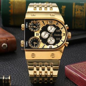 Montres-bracelets Montres de luxe dorées pour hommes Irrégulier Noir Grand cadran Quartz Montre-bracelet pour hommes Trois fuseaux horaires Horloge Bracelet en acier inoxydable