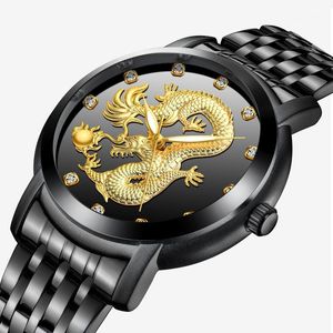 Montres-bracelets de luxe hommes montre en or 3D Dragon chinois doré hommes en acier inoxydable étanche Unique mâle tenue décontractée montre-bracelet