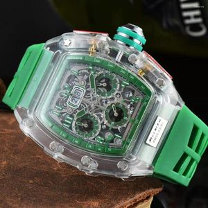 Relojes de pulsera de lujo de cuarzo, relojes deportivos de marca superior para hombre, reloj Steampunk FOB esqueleto, reloj transparente, correa verde, reloj