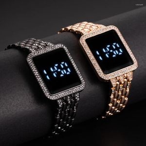 Montre-bracelets Luxury Rhingestone Digital Watch for Women Simple Touch Screen LED Fashion Steel Strap Rose Gold Ladies