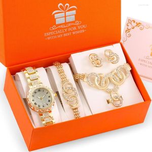 Montres-bracelets montre de luxe pour femmes diamant doré bijoux dames Bracelet à Quartz collier boucles d'oreilles anneaux 6 pièces coffret cadeau petite amie