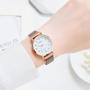 Relojes de pulsera Relojes minimalistas de acero inoxidable para mujer Hebilla magnética de moda Reloj de cuarzo con escala digital de oro rosa para mujer