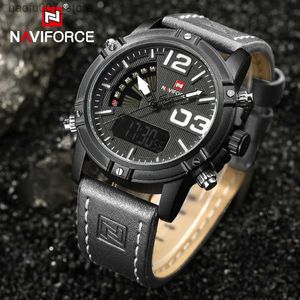 Montre-bracelets Naviforce Mens LED Digital Watch Military Sports Leather Band Timing Timing imperroproping Glow Mens Watch