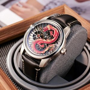 Montres-bracelets OBLVLO Mode 3D Gravure Rouge Chinois Dragon Montre Automatique Pour Hommes Double Roues Lumineux Montre-Bracelet Mécanique Étanche