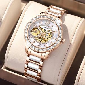 Montres-bracelets ORKINA Montres automatiques pour femmes Squelette Mécanique Dames Élégantes Robe de luxe Gold Gear Diamond White Ceramic Band Watch