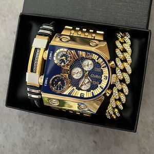 Relojes de pulsera Oulm Auto Date Men Watch Square Gold Quartz Reloj de pulsera para hombre Sports Multi-Time Zone Military Male Waterproof reloj hombre 230807