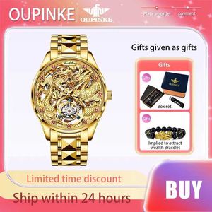 Montre-bracelets OUPINKE TOP BRAND MENS METS MONTRES DE TOURBILLON DE HAUTE QUALITÉ Mouvement mécanique automatique Tungsten Steel Strip Gold Male Watch 240423