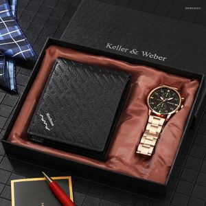 Montres-bracelets or rose montre-bracelet pour hommes portefeuille cadeau hommes montre à Quartz en cuir ensemble chiffres arabes cadran horloge pour marimontres-bracelets