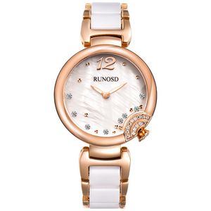 Montres-bracelets Runosd Dames Montre De Luxe Rose Or Zircon Cadran Miyota Quartz Mouvement Saphir Cristal En Acier Inoxydable Céramique 5203L