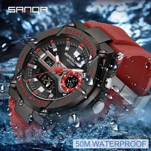 Wallwatches Sanda Sports Dual Display Watch For Men LED Digital Digital Quartz Wating Watches Men's Stopwatches Student Clock Jóvenes