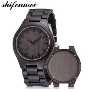 Relojes de pulsera Shifenmei 5520 Reloj de madera grabado para hombres Novio o padrinos de boda Regalos Sándalo negro Cumpleaños de madera personalizado G315K