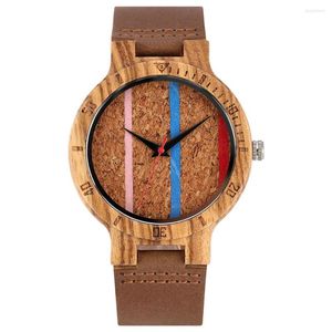 Montres-bracelets élégant Quartz hommes montres rayures colorées liège bois cadran Zebrawood boîtier marron en cuir véritable bracelet de montre mâle