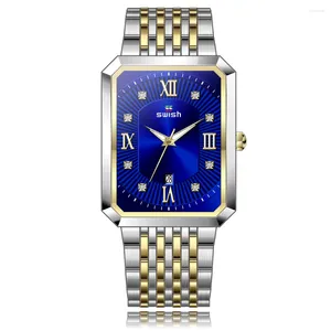 Wallwatches Swish Blue Luxury Simple Quartz Watch For Men Two Tone Gold Band Auto Date Rectangle Case Relogio Masculino