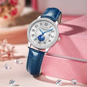 Montre-bracelets Top Brand Luxury Diamond Moon High Quality Leather Bleu Band Femmes Watchs Steel Imperproof Reloj Mujer Tianbin D240417