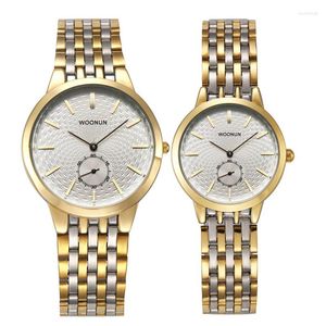Armbanduhren Top Paar Uhren WOONUN Männer und Frauen Luxus Edelstahl Quarz Ultradünne Set Geschenkvorräte