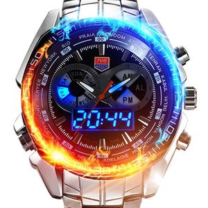 Relojes de pulsera TVG reloj de acero inoxidable para hombre militar azul binario LED impermeable para hombre deportes Digtal relojes Relogio Masculino
