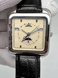 Relojes de pulsera Vintage Beijing Reloj automático Hombres Relojes de fase lunar de lujo Antiguo Multifunción Mecánico Reloj rectangular de 38 mm