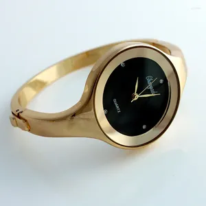 Relojes de pulsera para mujer, reloj de pulsera, moda informal, pulsera redonda para mujer, relojes para niñas, pulsera de cuarzo de acero inoxidable dorado D1