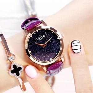 Relojes de pulsera para mujer, relojes de cuero con cielo estrellado magnético Vintage, reloj de pulsera de cuarzo para mujer, reloj femenino, regalo
