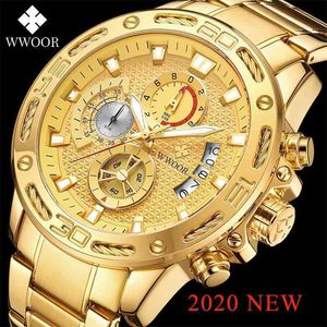 Wwoor Fashion Mens Relojes Top Brand Luxury Gold Full Steel Reloj de cuarzo Hombres Impermeable Deporte Cronógrafo Relogio Masculino 210407