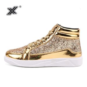 X Robe de mode Golden Shiny Mirrors Chaussures pour hommes Casual Club Bar Glitter Streetwear Hip Hop High Top Men Sneakers Zapatos