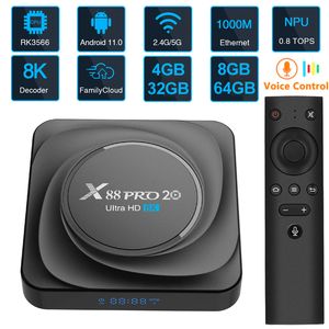 X88 PRO 20 Android Smart TV Box 8GB 64GB/128GB RK3566 Quad Core 8K HD 2.4G/5Ghz Dual Band Wifi Lecteur multimédia 3D 4GB 32GB Bluetooth 4.2 TVbox avec télécommande à commande vocale