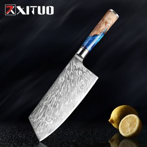 XITUO 67 Layers Japanese Damascus Steel VG10 Chef Knife Cleaver Kitchen Knife Blue Resin Color Wood Handle Home Cooking Tools