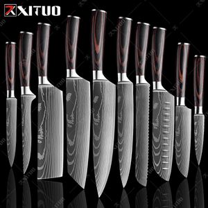 Verkopen Koksmes Set Laser Damascus Patroon Keukenmessen Scherp Japans Santoku Mes Cleaver Snijden Utility Mes drop verzending Fabriek groothandel