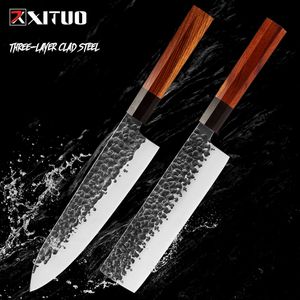 Cuchillo de Chef de acero revestido de tres capas, mango octágono, patrón de martillo forjado Original, cuchillo Nakiri antiadherente, cuchillos de cocina