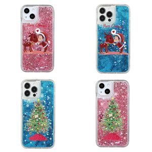Étuis de sable mouvant de Noël pour iPhone 15 14 Plus 13 12 Pro MAX 11 XS XR X 8 7 6 Père Noël Joyeux Arbre de Noël Cerf de neige Dur PC TPU Liquide Bling Coloré Couverture arrière de téléphone portable