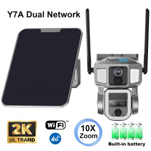 Y7A Solar Camera PTZ 4G WiFi 2 en 1 Réseau 10x Zoom optique 2K 4MP Vision nocturne Panneau solaire Panneau intégré 200 mAh Batterie