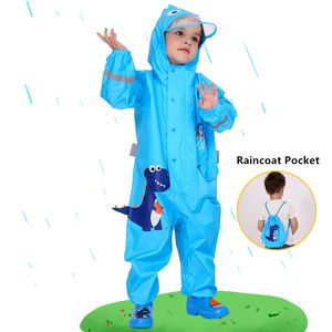 Chubasquero azul de dinosaurios para niños de años, monos para exterior, impermeable, impermeable para bebé, niño y niña, traje con pantalones de lluvia