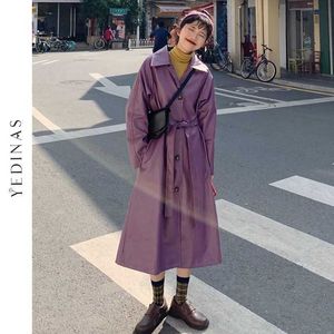 Yedinas Automne Hiver Longue En Cuir Trench Coat Femmes Ceinture Lâche Violet Veste Style Coréen Mode Turn-down Cou Coupe-Vent 210527