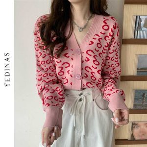 Yedinas Style coréen femmes tricoté Cardigans pull mode hiver à manches longues veste décontracté col en V rose léopard femme hauts 210527
