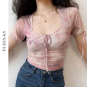 Yedinas Tie Dye Sweet Print Mesh Tops Ver a través de Bow Bandage Fold T-shirt Mujeres Cottagecore Summer Square Collar Slim T Shirts 210527